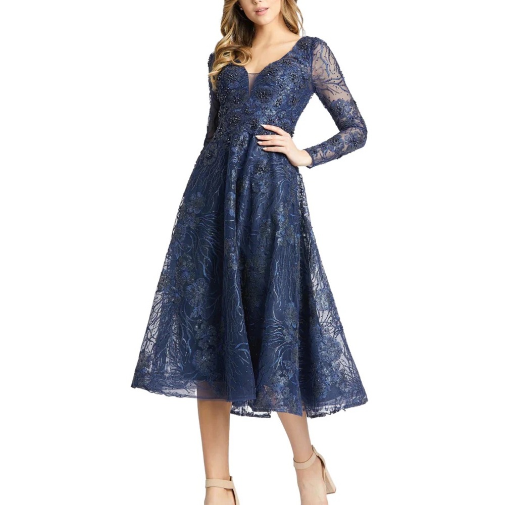 Mac Duggal Navy Blue Lace Midi Dress